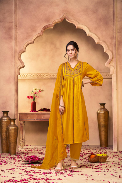 Praniti Mustard Copper Zari Thread Embroidered & Hand Sequin Detailed Suit Set with Dupatta in Pure Muslin with Pure Cotton Mul Lining