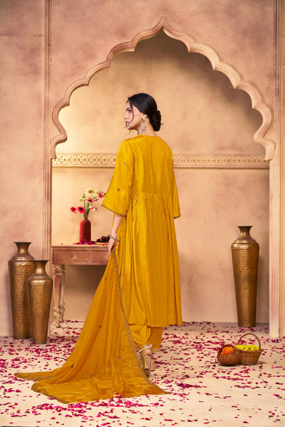 Praniti Mustard Copper Zari Thread Embroidered & Hand Sequin Detailed Suit Set with Dupatta in Pure Muslin with Pure Cotton Mul Lining