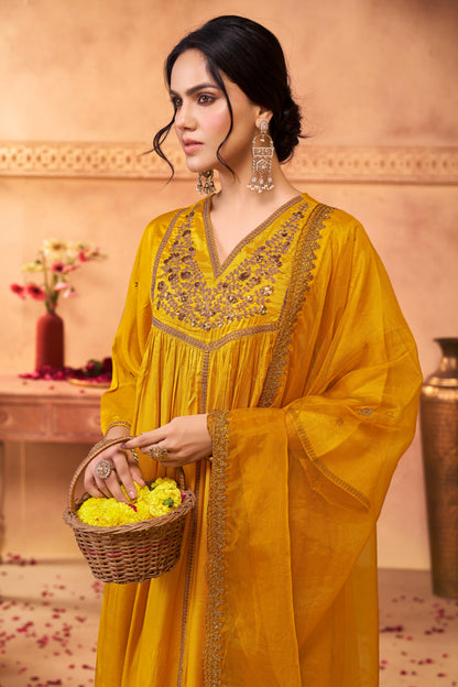 Praniti Mustard Copper Zari Thread Embroidered & Hand Sequin Detailed Suit Set with Dupatta in Pure Muslin with Pure Cotton Mul Lining