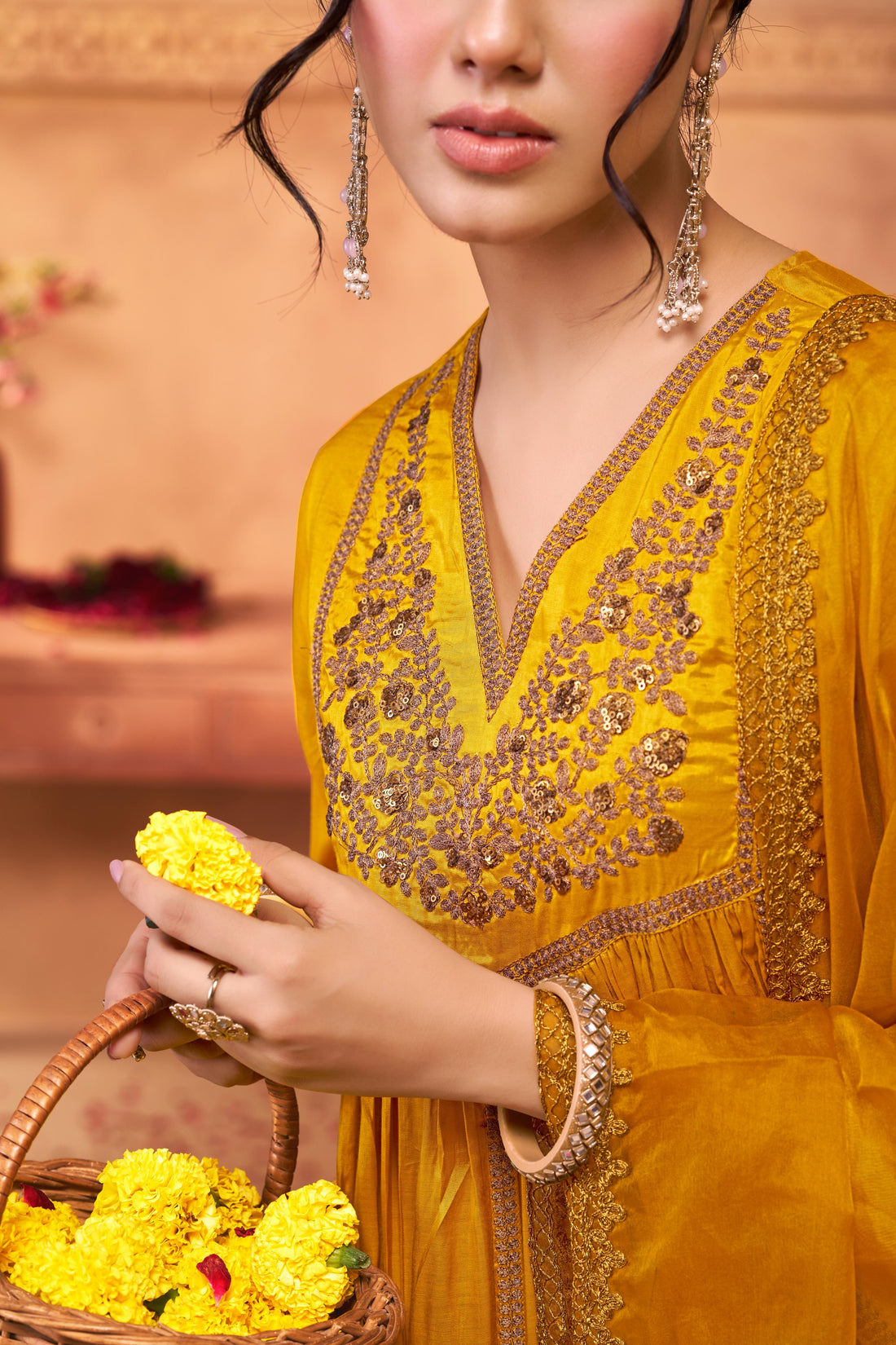 Praniti Mustard Copper Zari Thread Embroidered & Hand Sequin Detailed Suit Set with Dupatta in Pure Muslin with Pure Cotton Mul Lining