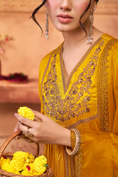 Praniti Mustard Copper Zari Thread Embroidered & Hand Sequin Detailed Suit Set with Dupatta in Pure Muslin with Pure Cotton Mul Lining
