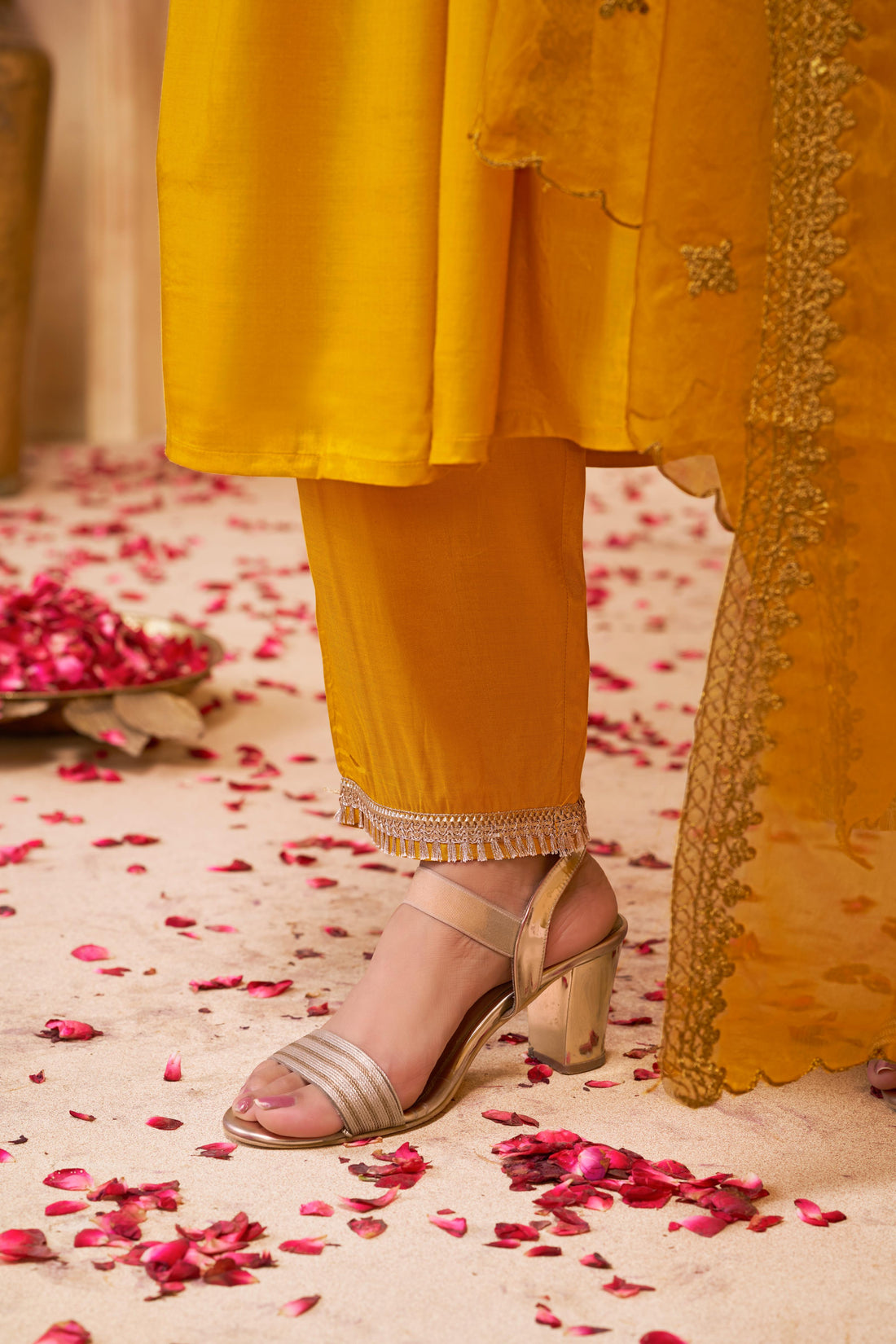 Praniti Mustard Copper Zari Thread Embroidered & Hand Sequin Detailed Suit Set with Dupatta in Pure Muslin with Pure Cotton Mul Lining