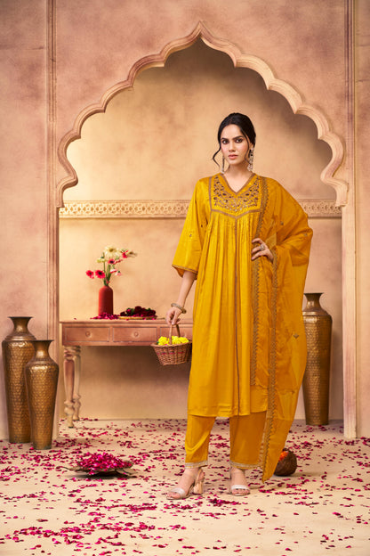 Praniti Mustard Copper Zari Thread Embroidered & Hand Sequin Detailed Suit Set with Dupatta in Pure Muslin with Pure Cotton Mul Lining