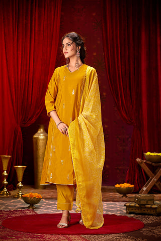 Preet Mustard Hand-Embellished Sequin Buti Kurta Set with Gota Patti Detailing & Dupatta in Chanderi Silk with Pure Cotton Mul Lining