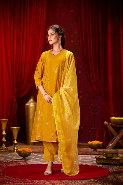 Preet Mustard Hand-Embellished Sequin Buti Kurta Set with Gota Patti Detailing & Dupatta in Chanderi Silk with Pure Cotton Mul Lining