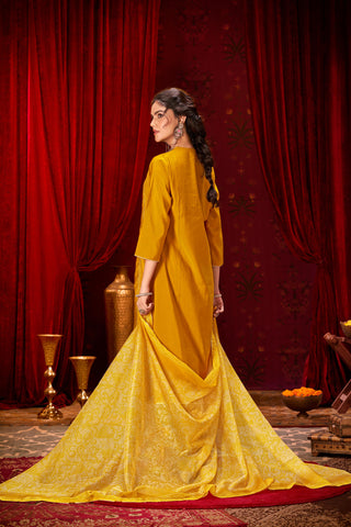 Preet Mustard Hand-Embellished Sequin Buti Kurta Set with Gota Patti Detailing & Dupatta in Chanderi Silk with Pure Cotton Mul Lining