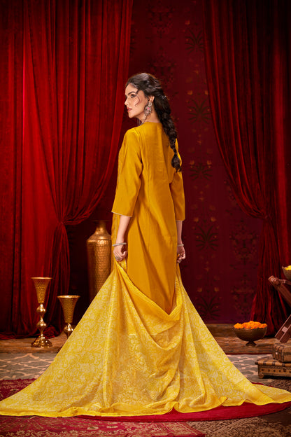 Preet Mustard Hand-Embellished Sequin Buti Kurta Set with Gota Patti Detailing & Dupatta in Chanderi Silk with Pure Cotton Mul Lining
