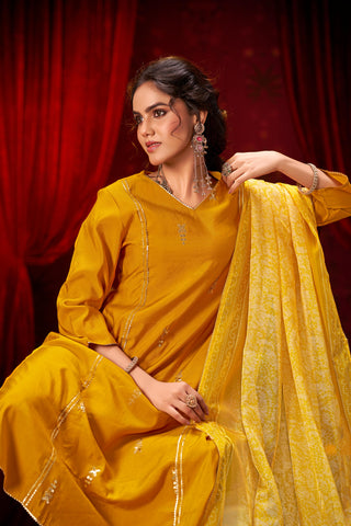 Preet Mustard Hand-Embellished Sequin Buti Kurta Set with Gota Patti Detailing & Dupatta in Chanderi Silk with Pure Cotton Mul Lining