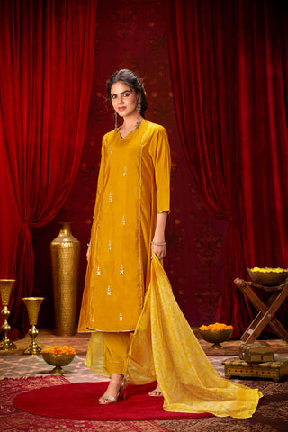 Preet Mustard Hand-Embellished Sequin Buti Kurta Set with Gota Patti Detailing & Dupatta in Chanderi Silk with Pure Cotton Mul Lining