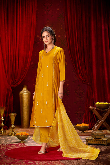 Preet Mustard Hand-Embellished Sequin Buti Kurta Set with Gota Patti Detailing & Dupatta in Chanderi Silk with Pure Cotton Mul Lining