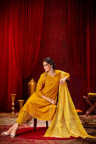 Preet Mustard Hand-Embellished Sequin Buti Kurta Set with Gota Patti Detailing & Dupatta in Chanderi Silk with Pure Cotton Mul Lining