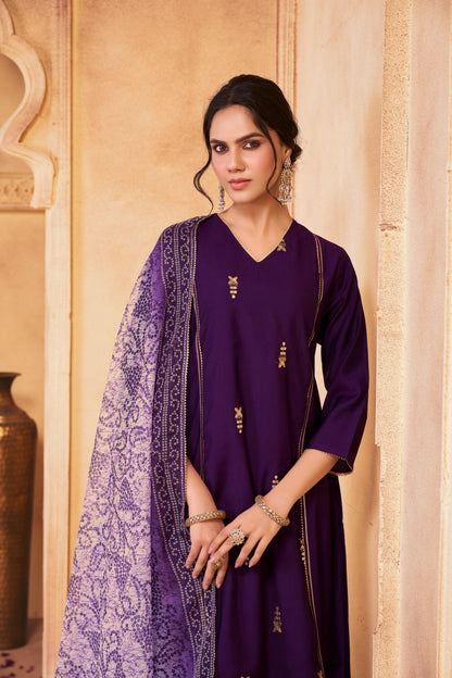 Preet Purple Hand-Embellished Sequin Buti Kurta Set with Gota Patti Detailing & Dupatta in Chanderi Silk with Pure Cotton Mul Lining