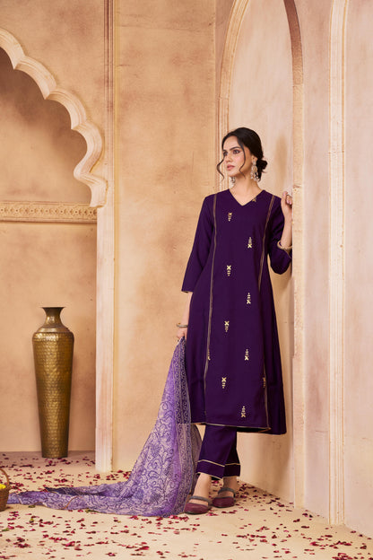 Preet Purple Hand-Embellished Sequin Buti Kurta Set with Gota Patti Detailing & Dupatta in Chanderi Silk with Pure Cotton Mul Lining
