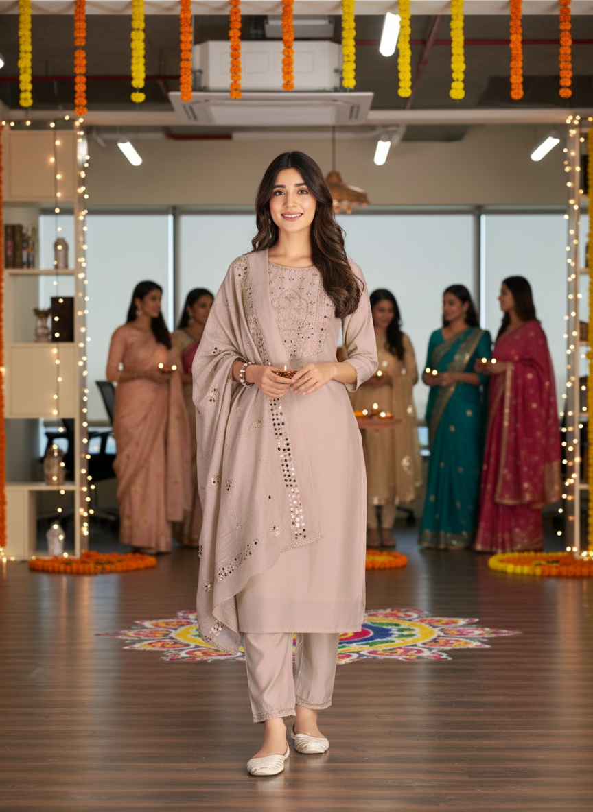 Prachi Beige Mughal-Inspired Zari & Sequins Embroidered Yoke Kurta Set with Thread & Coin Sequin Detailed Dupatta in Chanderi Silk with Cotton Mul Lining
