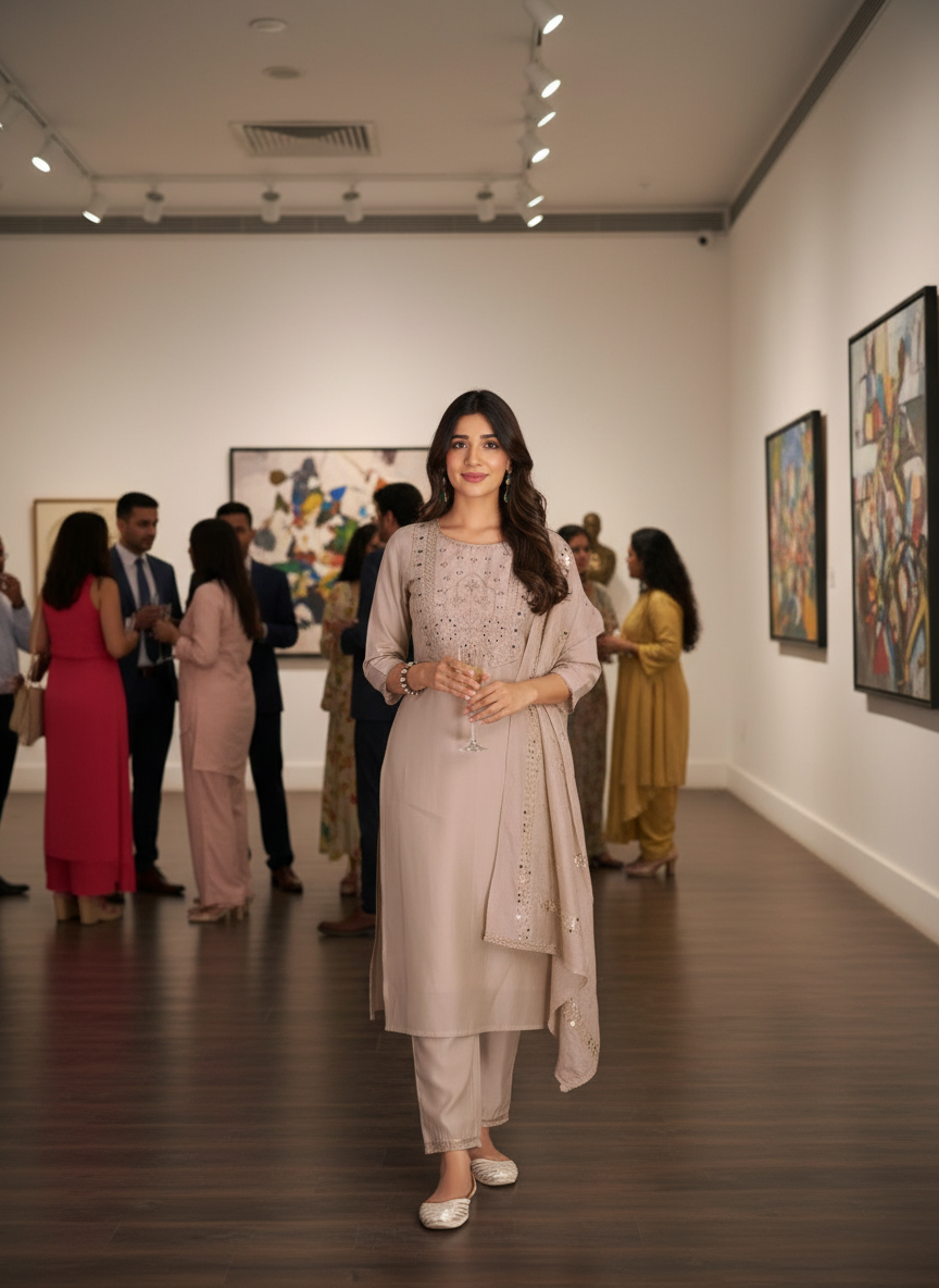 Prachi Beige Mughal-Inspired Zari & Sequins Embroidered Yoke Kurta Set with Thread & Coin Sequin Detailed Dupatta in Chanderi Silk with Cotton Mul Lining