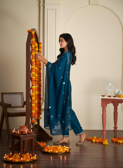 Prachi Teal Mughal-Inspired Zari & Sequins Embroidered Yoke Kurta Set with Thread & Coin Sequin Detailed Dupatta in Chanderi Silk with Cotton Mul Lining