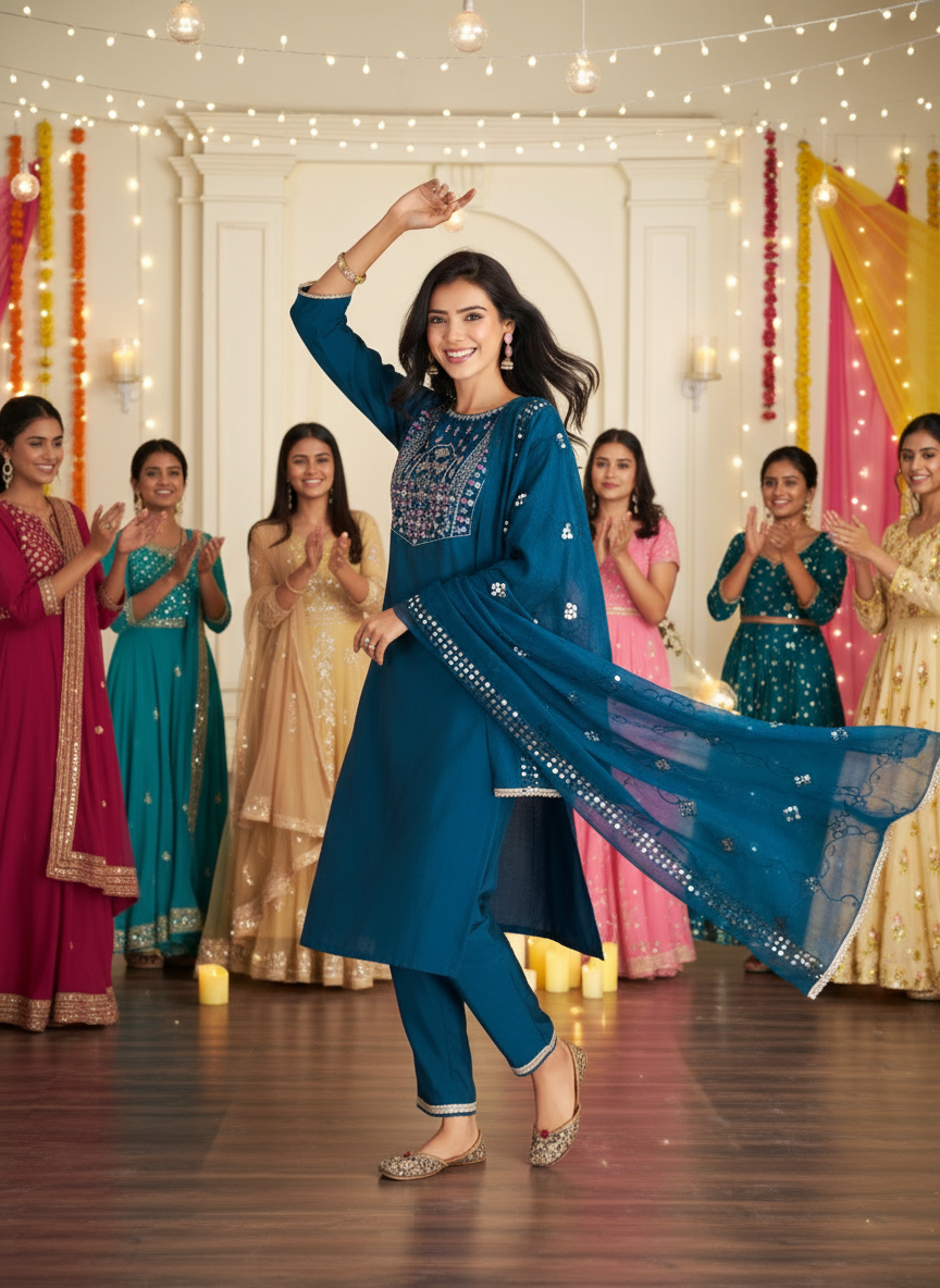 Prachi Teal Mughal-Inspired Zari & Sequins Embroidered Yoke Kurta Set with Thread & Coin Sequin Detailed Dupatta in Chanderi Silk with Cotton Mul Lining