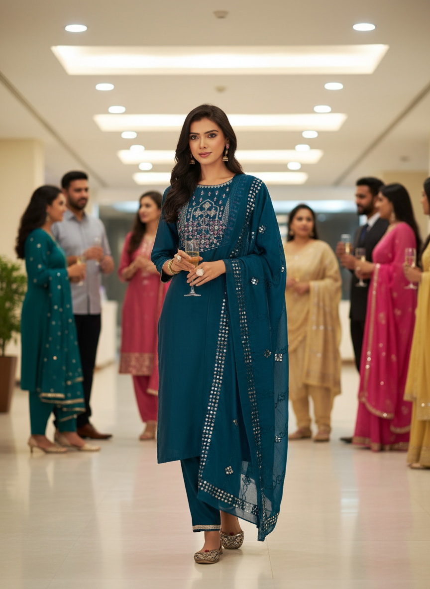 Prachi Teal Mughal-Inspired Zari & Sequins Embroidered Yoke Kurta Set with Thread & Coin Sequin Detailed Dupatta in Chanderi Silk with Cotton Mul Lining
