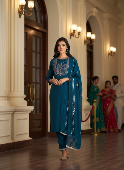Prachi Teal Mughal-Inspired Zari & Sequins Embroidered Yoke Kurta Set with Thread & Coin Sequin Detailed Dupatta in Chanderi Silk with Cotton Mul Lining