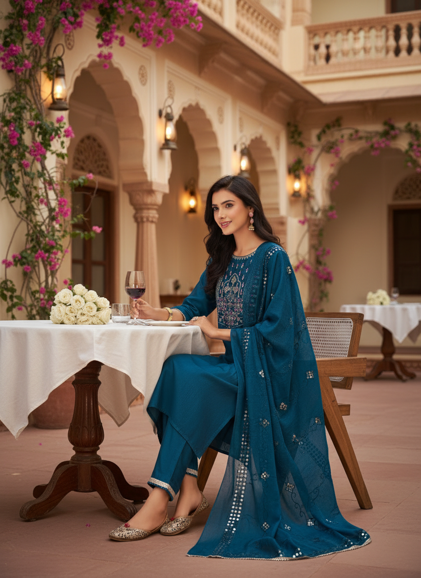 Prachi Teal Mughal-Inspired Zari & Sequins Embroidered Yoke Kurta Set with Thread & Coin Sequin Detailed Dupatta in Chanderi Silk with Cotton Mul Lining