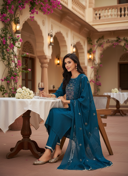 Prachi Teal Mughal-Inspired Zari & Sequins Embroidered Yoke Kurta Set with Thread & Coin Sequin Detailed Dupatta in Chanderi Silk with Cotton Mul Lining
