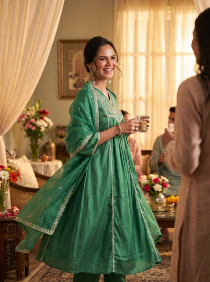 Praniti Green Silver Zari Thread Embroidered & Hand Sequin Detailed Suit Set with Dupatta in Pure Muslin with Pure Cotton Mul Lining