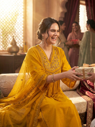 Praniti Mustard Copper Zari Thread Embroidered & Hand Sequin Detailed Suit Set with Dupatta in Pure Muslin with Pure Cotton Mul Lining