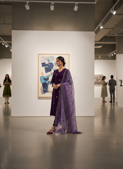 Preet Purple Hand-Embellished Sequin Buti Kurta Set with Gota Patti Detailing & Dupatta in Chanderi Silk with Pure Cotton Mul Lining