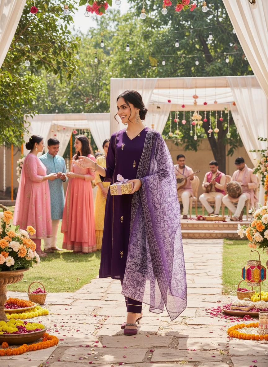 Preet Purple Hand-Embellished Sequin Buti Kurta Set with Gota Patti Detailing & Dupatta in Chanderi Silk with Pure Cotton Mul Lining