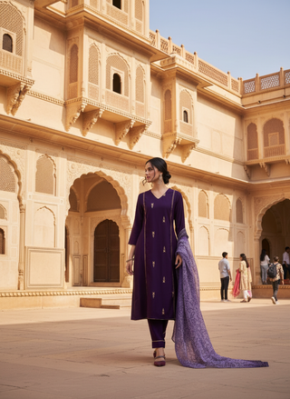 Preet Purple Hand-Embellished Sequin Buti Kurta Set with Gota Patti Detailing & Dupatta in Chanderi Silk with Pure Cotton Mul Lining