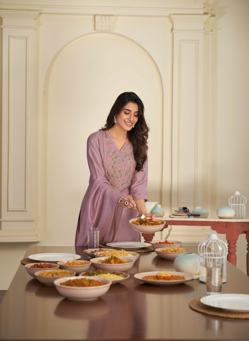 Preksha Mauve Multi-Color Floral Embroidered Kurta Set with Hand Sequin Work & Sequin Dupatta in Chanderi Silk with Cotton Mul Lining