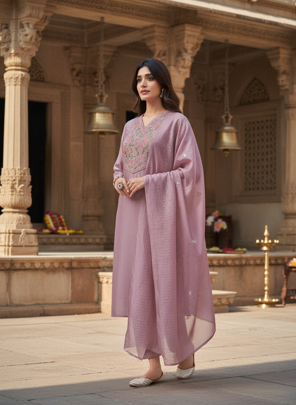 Preksha Mauve Multi-Color Floral Embroidered Kurta Set with Hand Sequin Work & Sequin Dupatta in Chanderi Silk with Cotton Mul Lining