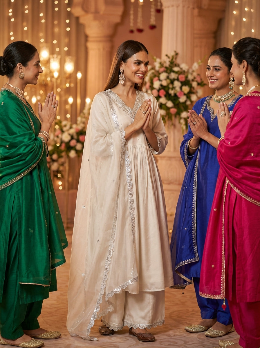 Raajvee Ivory Pure Silk Kurta Set with Cotton Mul Lining Featuring Handcrafted Zari, Sequin, Pearl & Glass Bugle Embellished V-Neck with Organza Dupatta