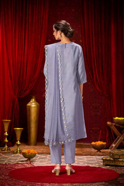 Roshni Purple Hand Embellished Suit Set with Multicolor Bead & Sequin Detailed Neckline in Pure Muslin with Pure Cotton Mul Lining