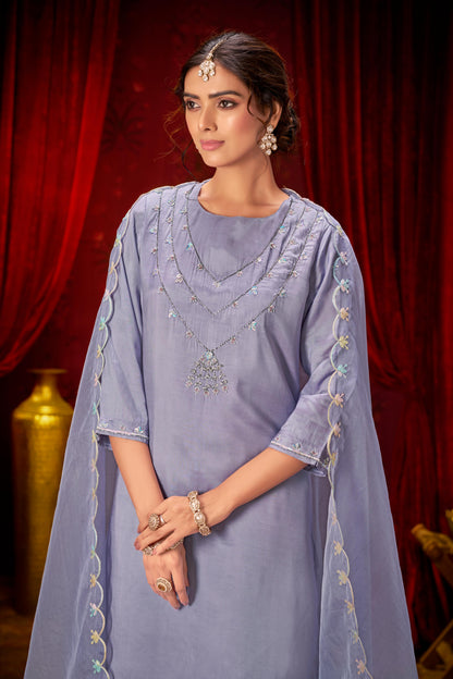 Roshni Purple Hand Embellished Suit Set with Multicolor Bead & Sequin Detailed Neckline in Pure Muslin with Pure Cotton Mul Lining