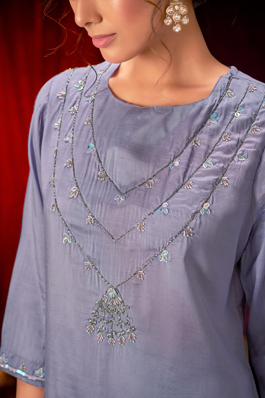 Roshni Purple Hand Embellished Suit Set with Multicolor Bead & Sequin Detailed Neckline in Pure Muslin with Pure Cotton Mul Lining