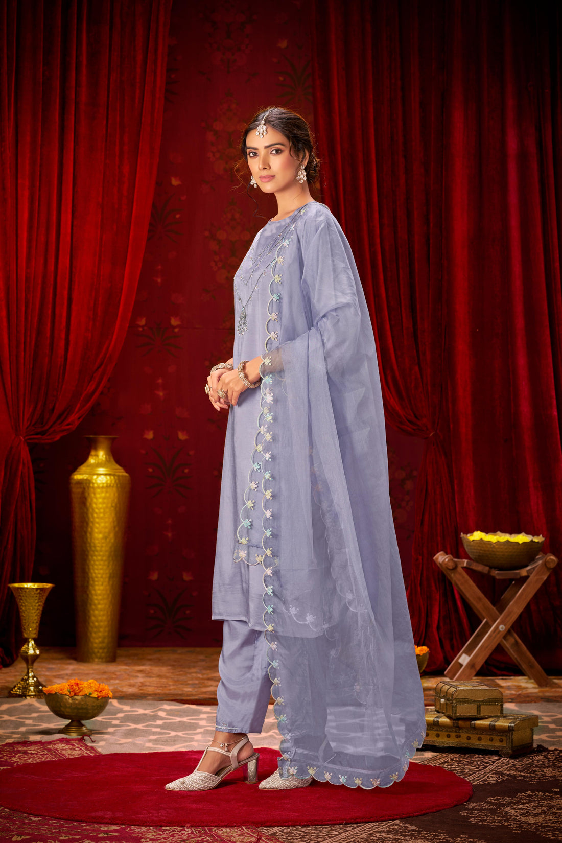 Roshni Purple Hand Embellished Suit Set with Multicolor Bead & Sequin Detailed Neckline in Pure Muslin with Pure Cotton Mul Lining