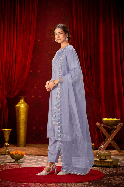 Roshni Purple Hand Embellished Suit Set with Multicolor Bead & Sequin Detailed Neckline in Pure Muslin with Pure Cotton Mul Lining