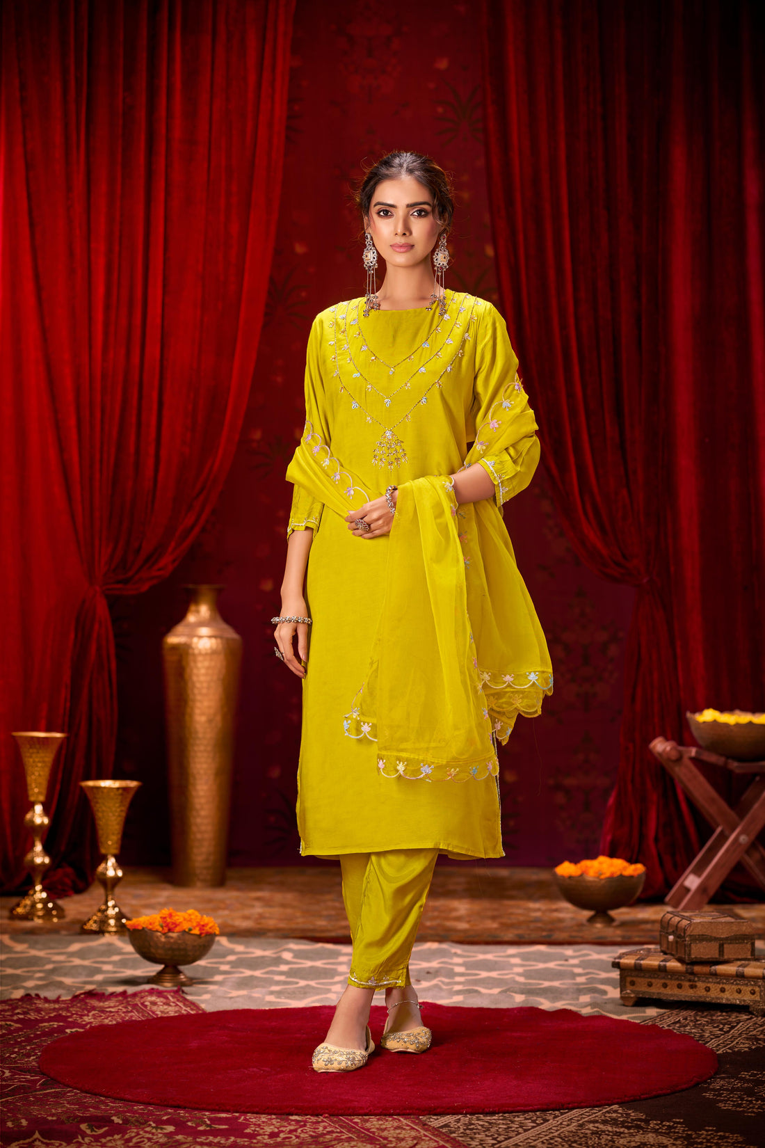Roshni Yellow Hand Embellished Suit Set with Multicolor Bead & Sequin Detailed Neckline in Pure Muslin with Pure Cotton Mul Lining