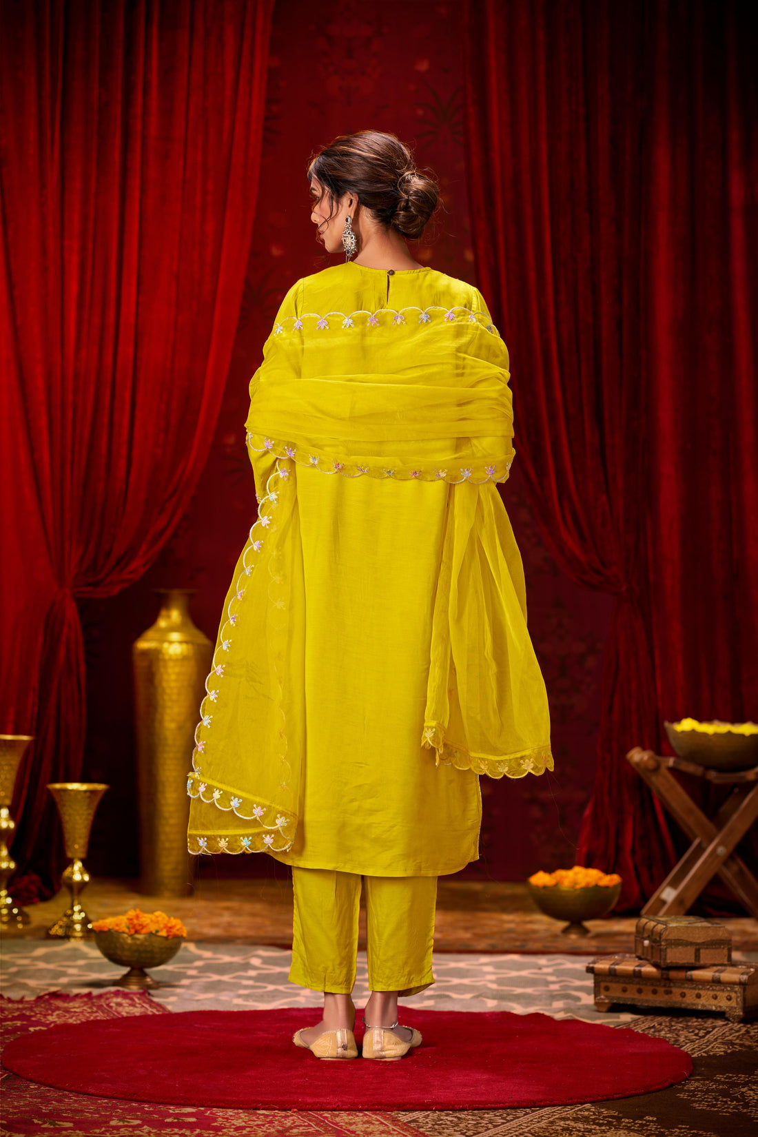 Roshni Yellow Hand Embellished Suit Set with Multicolor Bead & Sequin Detailed Neckline in Pure Muslin with Pure Cotton Mul Lining