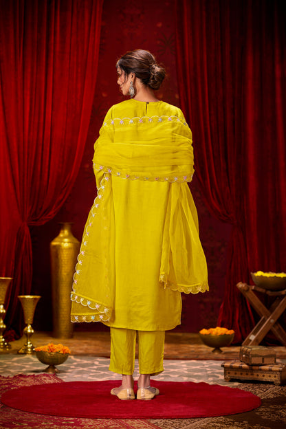 Roshni Yellow Hand Embellished Suit Set with Multicolor Bead & Sequin Detailed Neckline in Pure Muslin with Pure Cotton Mul Lining