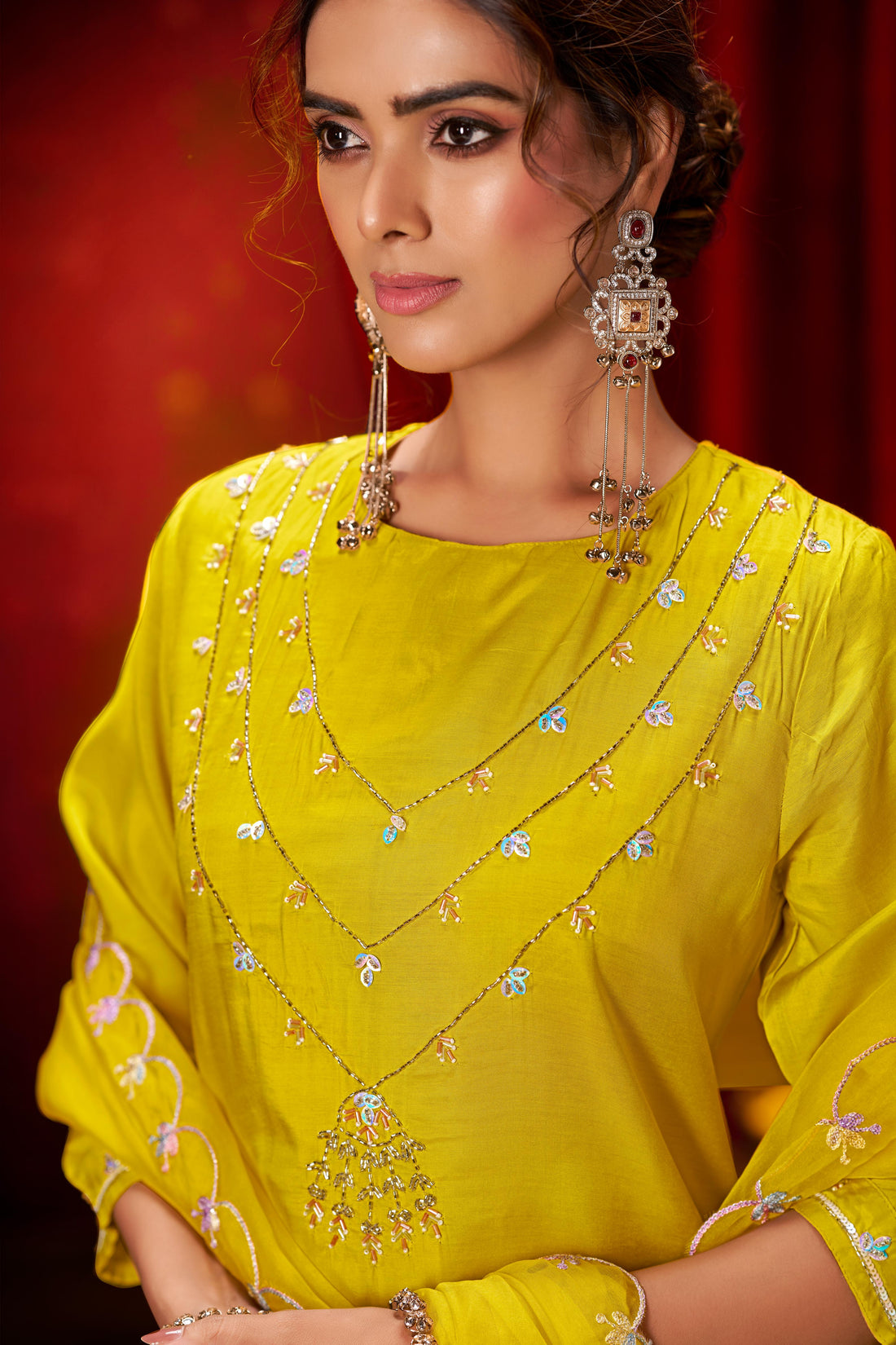 Roshni Yellow Hand Embellished Suit Set with Multicolor Bead & Sequin Detailed Neckline in Pure Muslin with Pure Cotton Mul Lining