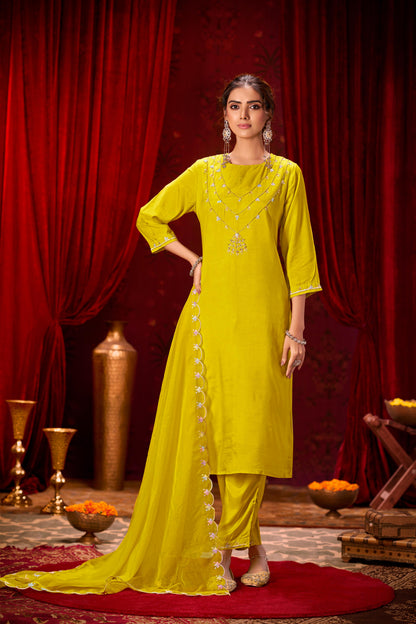 Roshni Yellow Hand Embellished Suit Set with Multicolor Bead & Sequin Detailed Neckline in Pure Muslin with Pure Cotton Mul Lining