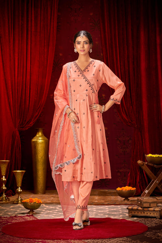 Ruqaiya Peach Muslin Kurta Set with Dupatta