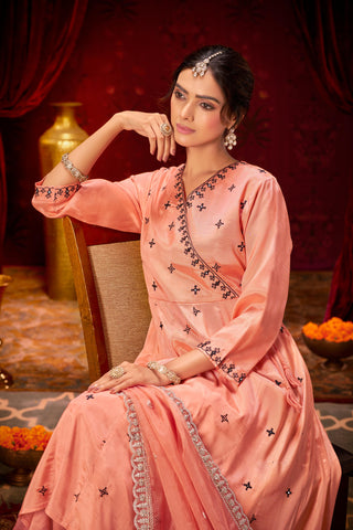 Ruqaiya Peach Angrakha Style Hand Thread Embroidered Suit Set with Mirror Detailing in Pure Muslin with Pure Cotton Mul Lining
