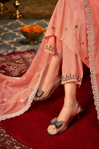 Ruqaiya Peach Angrakha Style Hand Thread Embroidered Suit Set with Mirror Detailing in Pure Muslin with Pure Cotton Mul Lining
