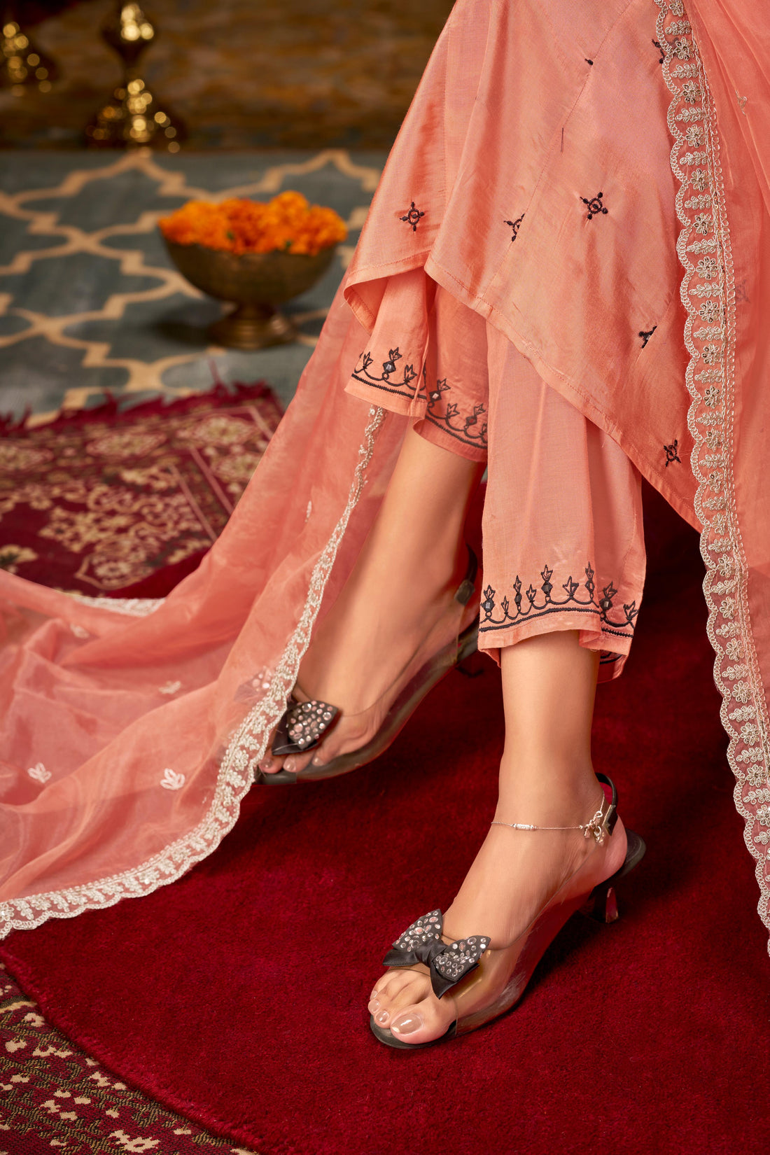 Ruqaiya Peach Angrakha Style Hand Thread Embroidered Suit Set with Mirror Detailing in Pure Muslin with Pure Cotton Mul Lining