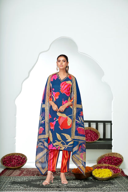 Rani Blue Floral Printed Kurta Set with Hand Glass Bugle & Sequin Embellished Neckline and Printed Dupatta in Satin Silk with Cotton Mul Lining