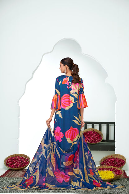 Rani Blue Floral Printed Kurta Set with Hand Glass Bugle & Sequin Embellished Neckline and Printed Dupatta in Satin Silk with Cotton Mul Lining