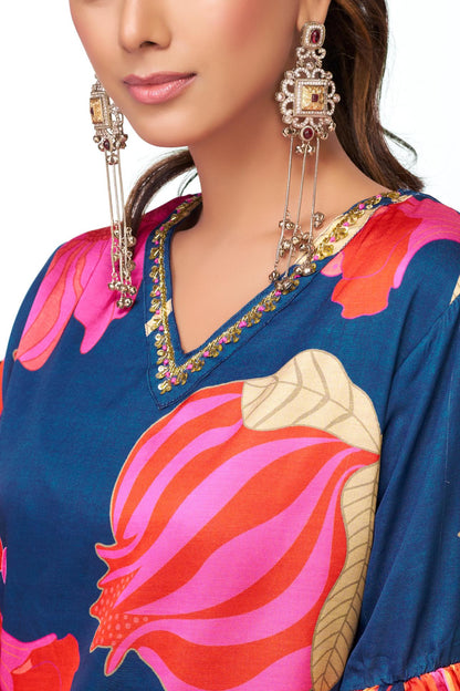 Rani Blue Floral Printed Kurta Set with Hand Glass Bugle & Sequin Embellished Neckline and Printed Dupatta in Satin Silk with Cotton Mul Lining